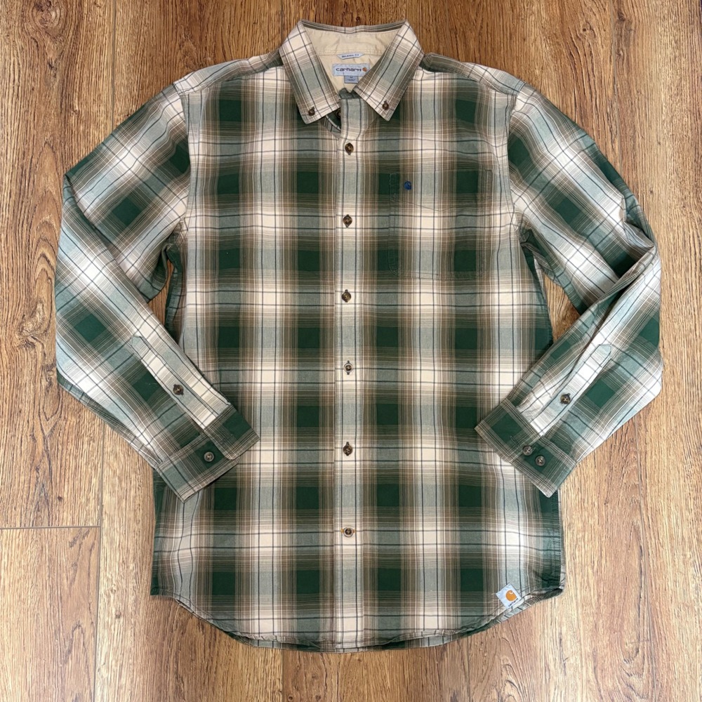 Carhartt Relaxed Fit Plaid Button Up Shirt Long Sleeve Green Brown Mens‎ Medium